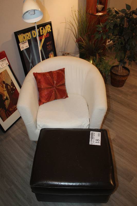 lot 18 image: Lot of Furniture Including Chair, Floor Lamp, Foot Stool