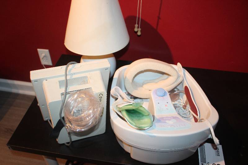 lot 28 image: Lot of Medical Equipment Including Bubble Bliss, Pulmo Aide Nebulizer, Lamp