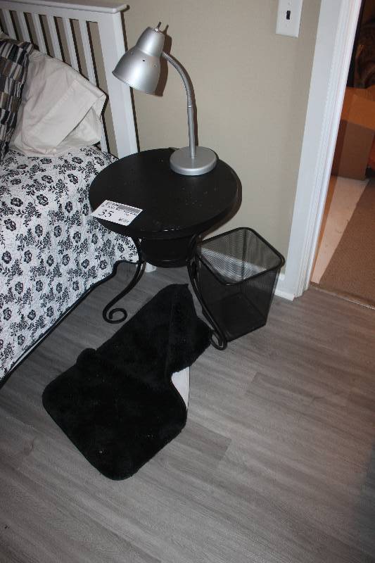 lot 35 image: Lot of (4) Including Night Stand, Lamp, Garbage Can, Area Rug