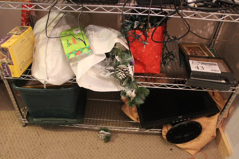 lot 43 image: Bottom 2 Shelves Including Decorations, Computer Monitor