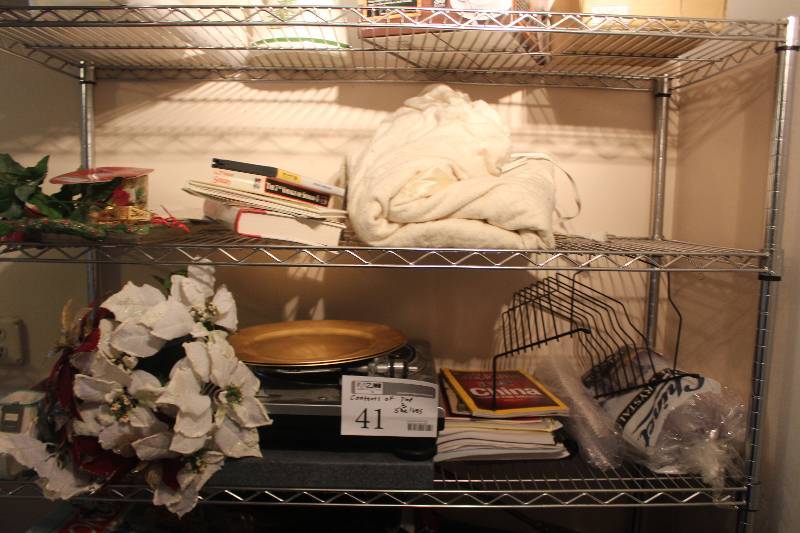 lot 41 image: Contents of Top 3 Shelves Including Decorations, Books