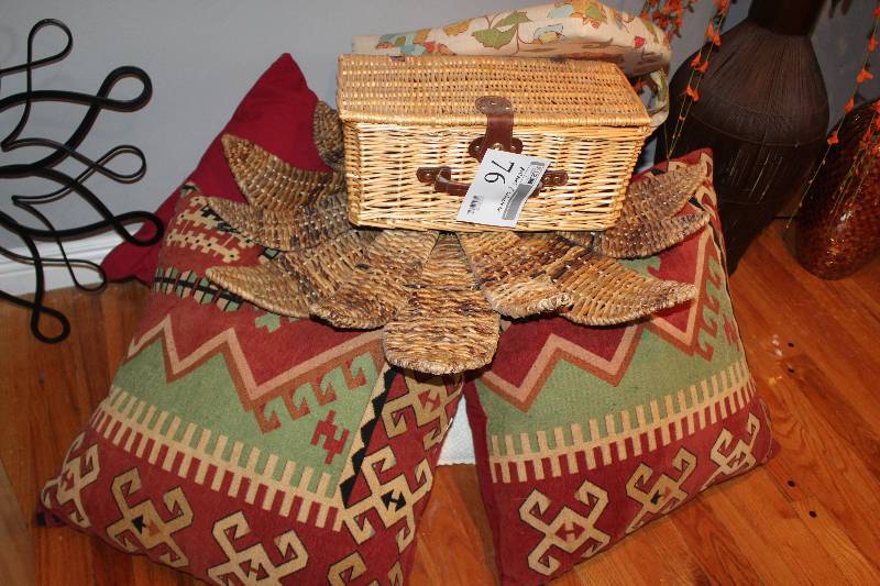 lot 76 image: Lot of Decorations Including Pillows, Wicker Basket