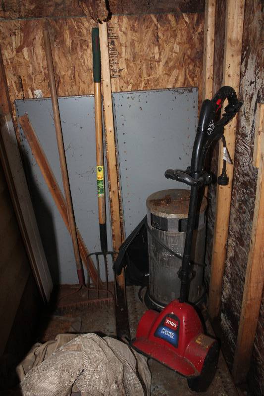 lot 80 image: Contents And In Front Including Yard Tools, Toro Power Shovel, Space Heater, Briggs & Stratton 725EX Lawn Mower