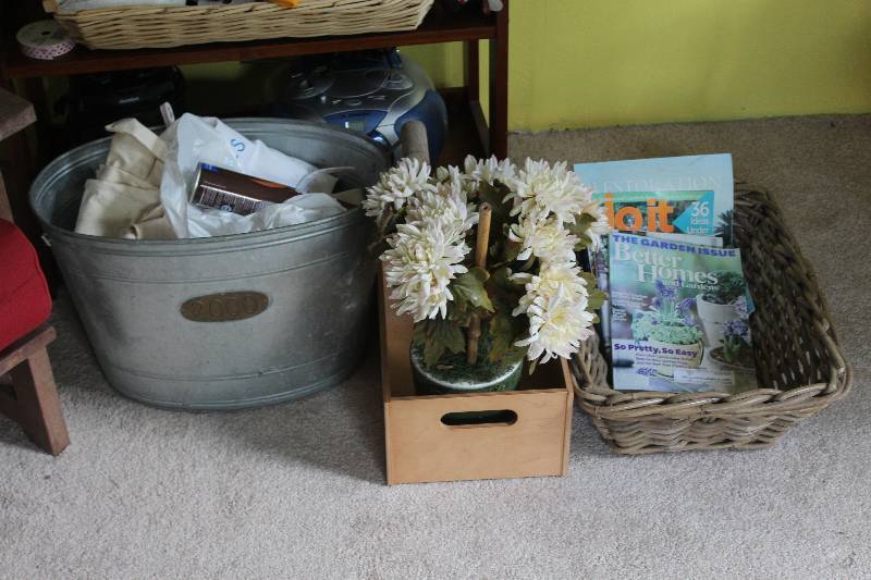 lot 82 image: Shelf Contents And In Front Including Decorations, Magazines, Containers