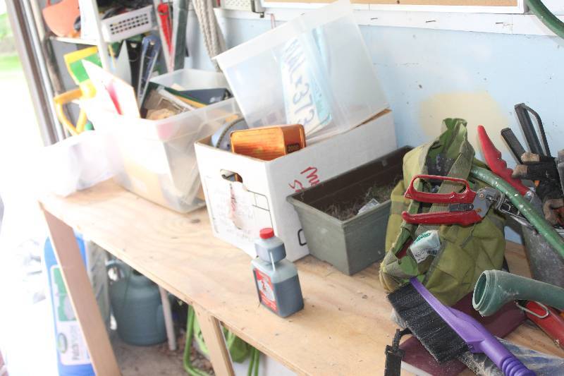 lot 107 image: Table & Wall Lot Including Garden Tools, Car Tools, Shop Tools, Ceiling Fan Light, Bed Lifts