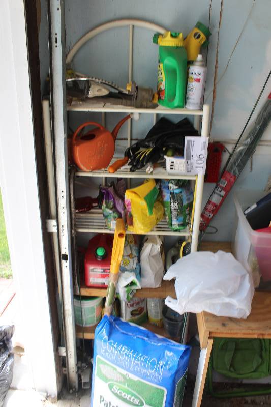 lot 106 image: Shelf w Contents of Garden Supplies
