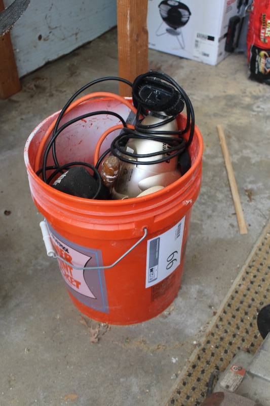 lot 99 image: Bucket Lot of Shop Equipment Including Extension Cord Paint Tools Ultra Shark And More