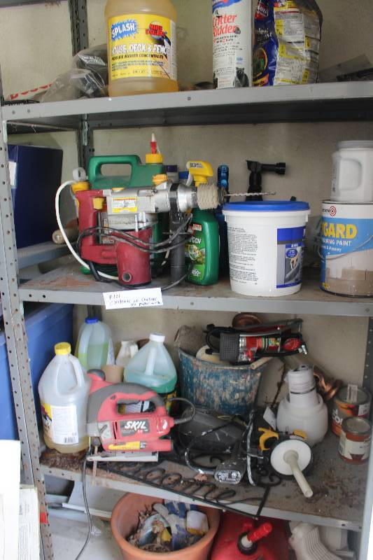 lot 121 image: Contents of Shelves Including Skil Orbital Scroll Cut Saw And Skil Drill AND Wagner Paint Sprayer