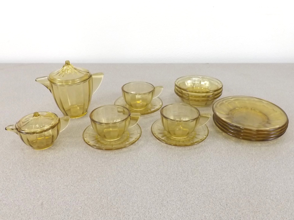 17 Piece Small AmberYellow Depression Glass Tea Set
