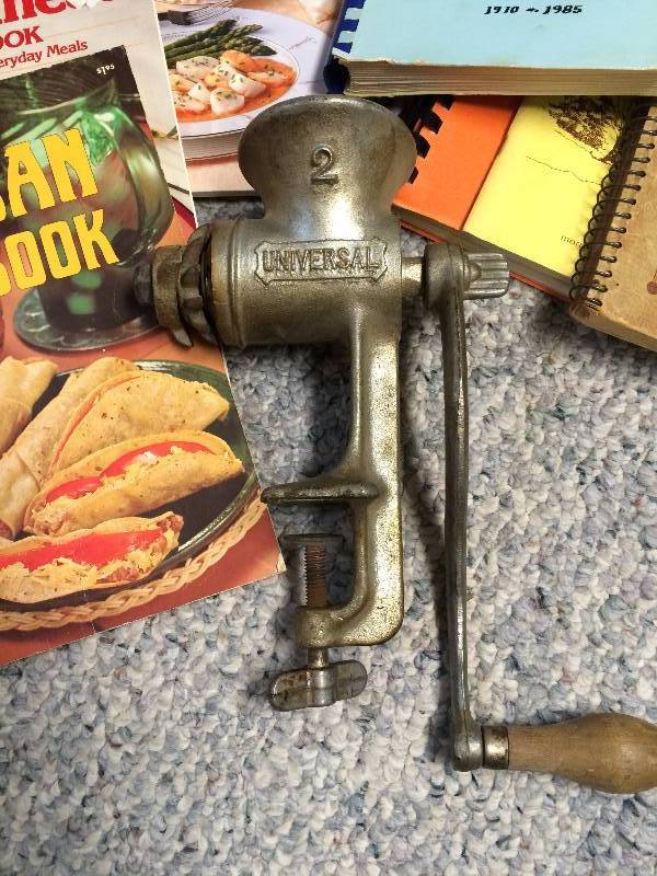 lot 119 image: Vintage Meat Grinder and Cookbooks