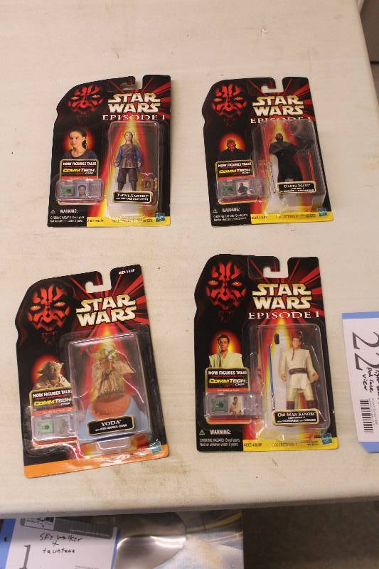 lot 22 image: Lot of (4) Hasbro Star Wars Episode 1 Collection 1 Action Figures Including 1) Darth Maul Sith Lord AND 1) Padme Naberrie w Pod Race View Screen AND 1) Yoda w Jedi Council Chair AND 1) Obi-Wan Kenobi Jedi Knight