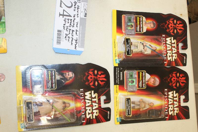 lot 24 image: Lot of (3) Hasbro Star Wars Episode 1 Collection 1 Action Figures Including 1) Obi-Wan Kenobi Jedi Duel w Lightsaber AND 1) Anakin Skywalker Tatooine w Backpack and Grease Gun AND 1) Qui-Gon Jinn Jedi Duel w Lightsaber