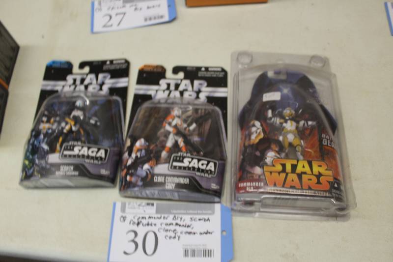 lot 30 image: Lot of (3) Star Wars Action Figures Including 1) Return Of The Sith Battle Gear Commander Bay AND 1) The Saga Collection Clone Commander Cody AND 1) The Saga Collection Scorch Republic Commando
