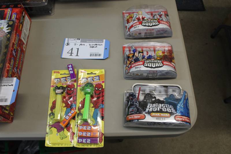 lot 41 image: Lot of (5) Including 2) Spiderman PEZ Dispenser AND 1) Star Wars Galactic Heroes Darth Vader Action Figures AND 1) Super Hero Squad Wolverine Action Figures AND 1) Super Hero Squad Angel Action Figures