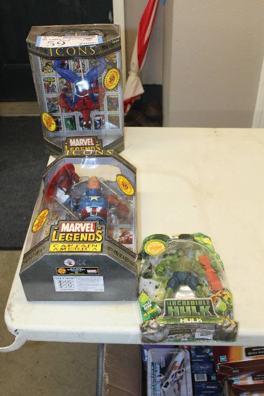 lot 59 image: Lot of (3) Marvel Legends Icons Action Figures Including 1) Spiderman AND 1) Captain America AND 1) The Hulk