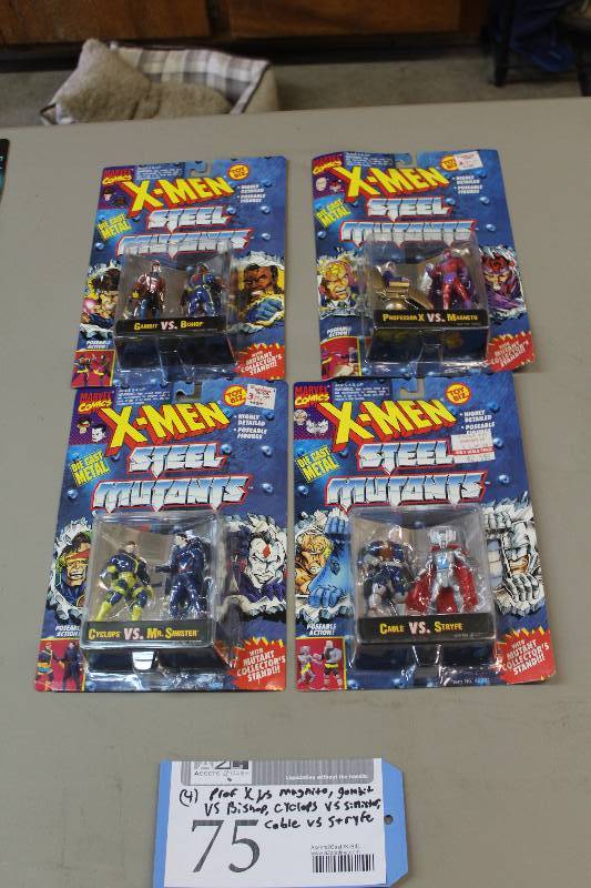 lot 75 image: Lot of (4) Marvel Comics X-Men Steel Mutants Action Figures Including 1) Cyclops vs. Mr. Sinister AND 1) Cable vs. Stryfe AND 1) Professor X vs. Magneto AND 1) Gambit vs. Bishop