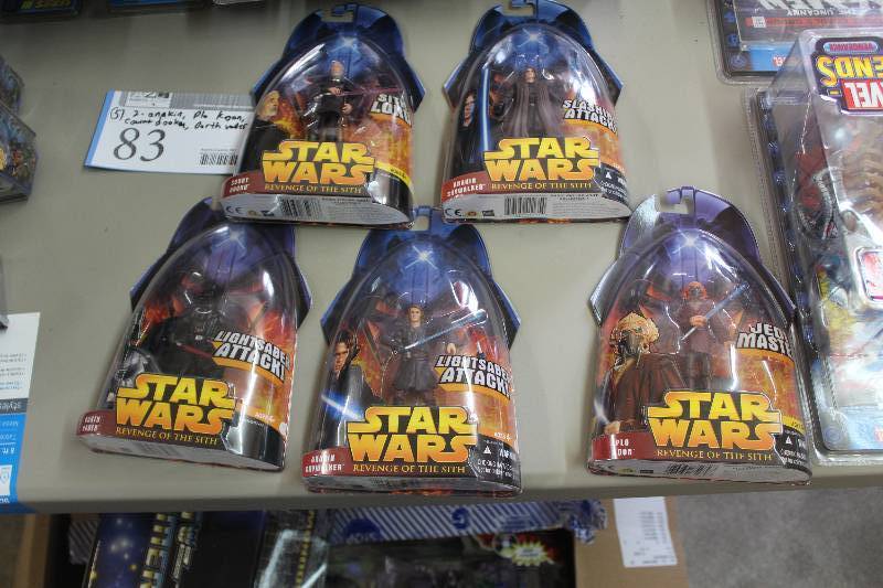 lot 83 image: Lot of (5) Star Wars Revenge Of The Sith Action Figures Including 1) Anakin Skywalker Slashing Attack AND 1) Count Dooku Sith Lord AND 1) Darth Vader Lightsaber Attack AND 1) Anakin Skywalker Lightsaber Attack AND 1) Plo Koon Jedi Master