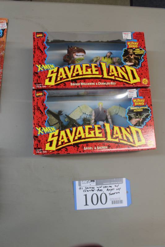 lot 100 image: Lot of (2) Marvel Comics X-Men Savage Land Action Figures Including 1) Savage Wolverine & Crawler Rex AND 1) Angel & Sauron