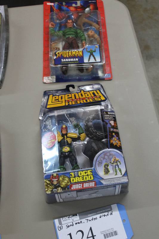 lot 124 image: Lot of (2) Marvel Action Figures Including 1) Legendary Comic Book Heroes Pitt Series Judge Dredd AND 1) Spiderman Sandman