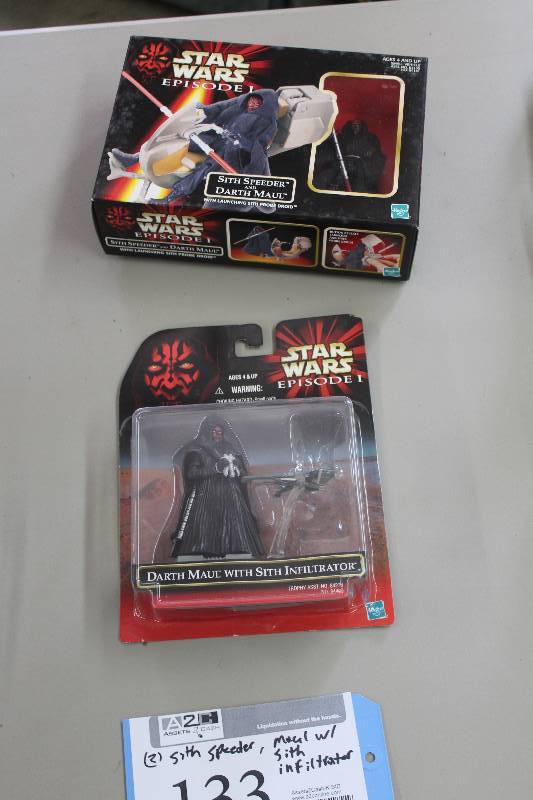 lot 133 image: Lot of (2) Hasbro Star Wars Episode 1 Action Figures Including 1) Darth Maul w Sith Infiltrator AND 1) Sith Speeder and Darth Maul