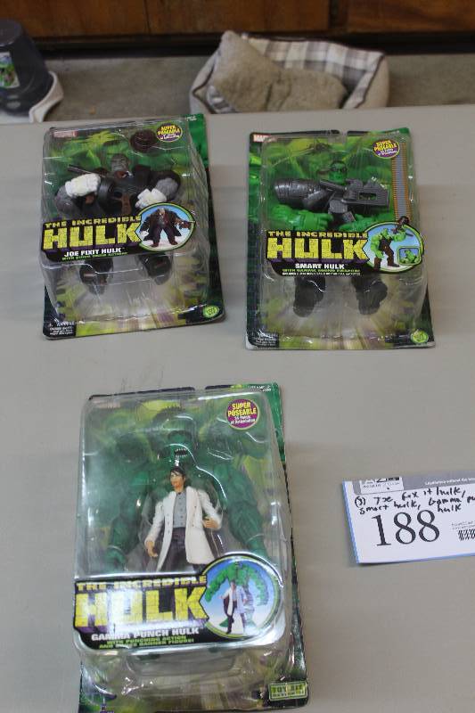 lot 188 image: Lot of (3) Marvel The Incredible Hulk Action Figures Including 1) Joe Fix It Hulk AND 1) Smart Hulk AND 1) Gamma Punch Hulk