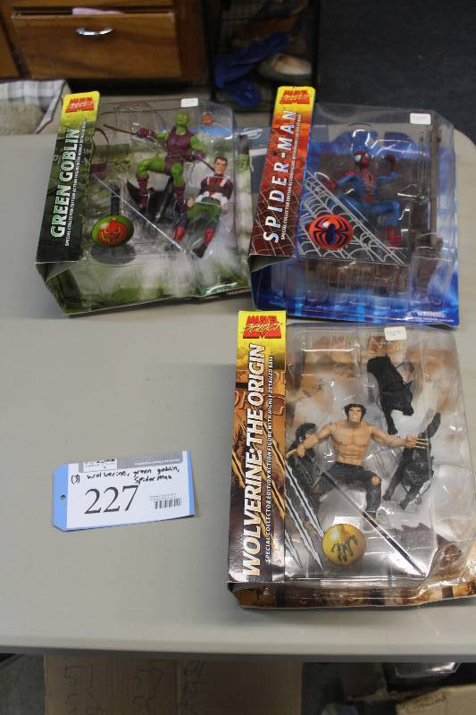 lot 227 image: Lot of (3) Marvel Select Action Figures Including 1) Wolverine The Origin AND 1) Green Goblin AND 1) Spiderman