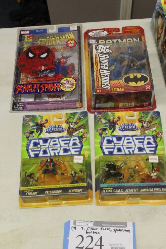 lot 224 image: Lot of (4) Action Figures Including 2) Cyber Force Mega Heroes AND 1) Mattel DC Super Heroes Batman AND 1) Hasbro Spiderman Scarlett Spider
