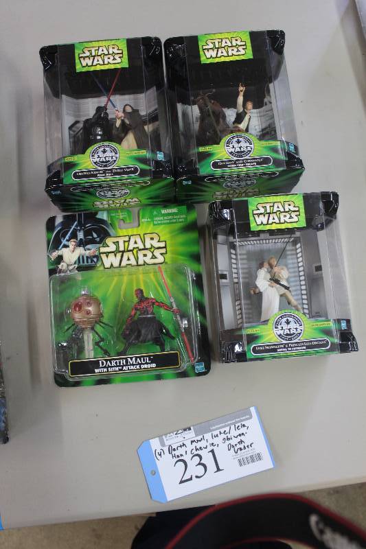 lot 231 image: Lot of (4) Hasbro Star Wars Action Figures Including 1) Luke Skywalker & Princess Leia Organa Swing To Freedom AND 1) Han Solo & Chewbacca Death Star Escape AND 1) Obi-wan Kenobi & Darth Vader Final Duel AND 1) Darth Maul w Battle Droid