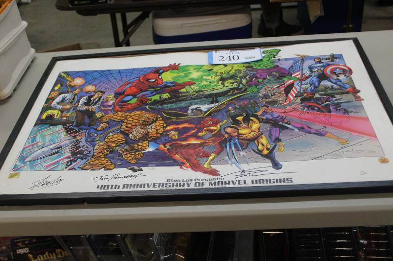 lot 240 image: Signed 40th Anniversary Of Marvel Origins Framed Wall Art 37x25