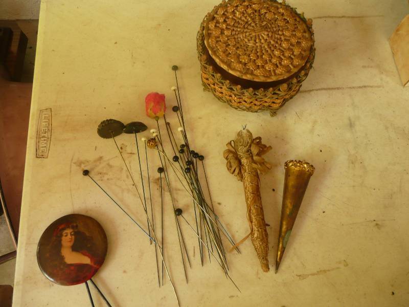 lot 221 image: Vintage Victorian Hat Pins, Mirror, Basket & Automobile Vase