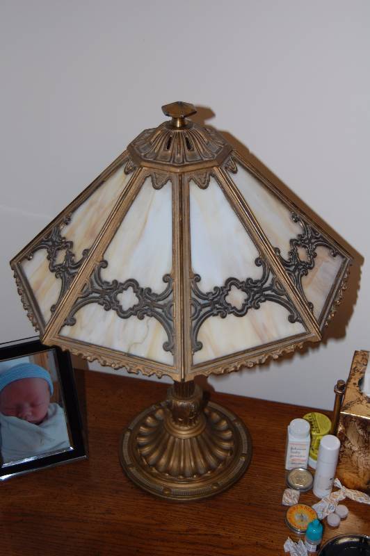 lot 44 image: Metal Lamp with 8 Panel Glass Shade