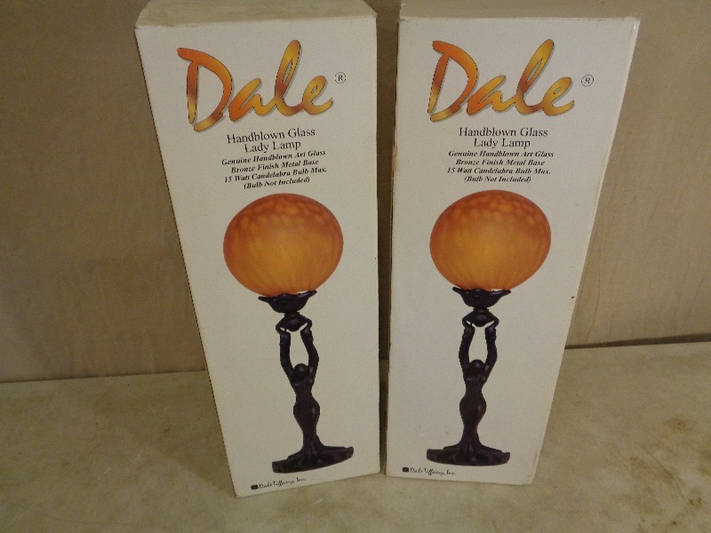 lot 16 image: 2 New Dale Tiffany Handblown Glass Lady Lamps