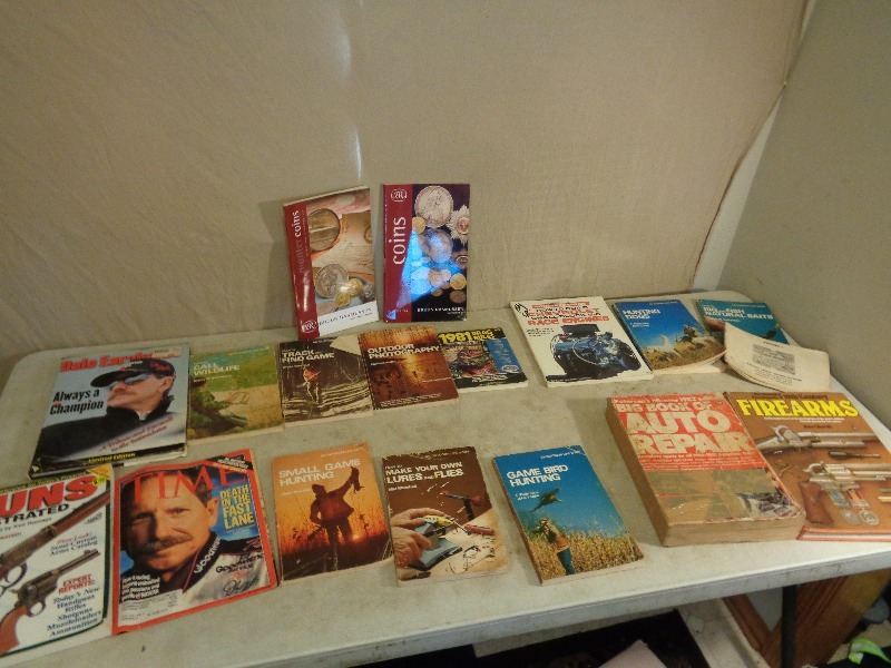 lot 37 image: Books on Hunting, Fishing, Racing, Nascar, Coins, Guns, and More