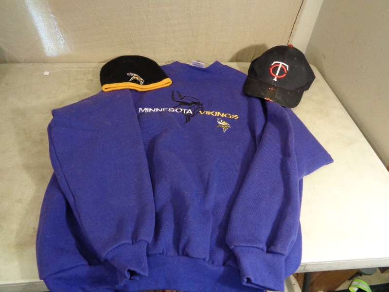 lot 42 image: MN Vikings Sweatshirt, MN Twins Hat, and MN Vikings Beanie