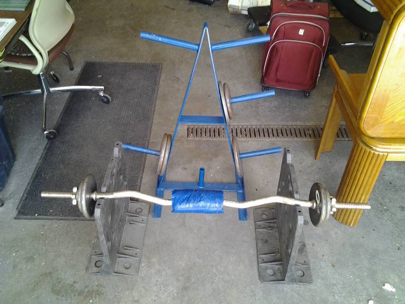 lot 24 image: Curling Bar, 2 Dumbbells, Rack & Other Weights