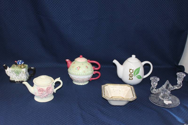 lot 321 image: Ceramic and Glass Tableware Including 4) Teapots AND 1) Candle Holder AND 1) Candy Dish