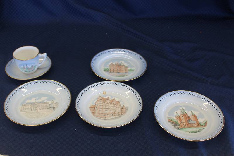 lot 339 image: Copenhagen Porcelain Collector Plates Including 4) 7 Plates Halundborg Kirke #3557,Fens BangsPtenhues #3567, Egeskov #3558,Amalienborg #3561 AND 1) CupSaucer #305 3545,#305.5