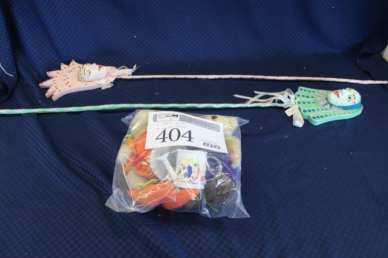 lot 404 image: Lot of Decorations Including 2) Jester Sticks AND 1) Bag of Bears