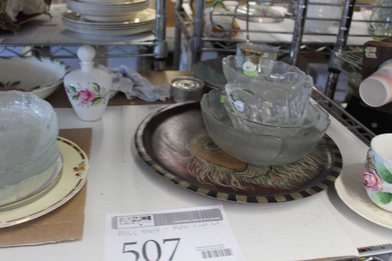 lot 507 image: Shelf Lot of Kitchenware Including Plates, Cups, Trays, And More