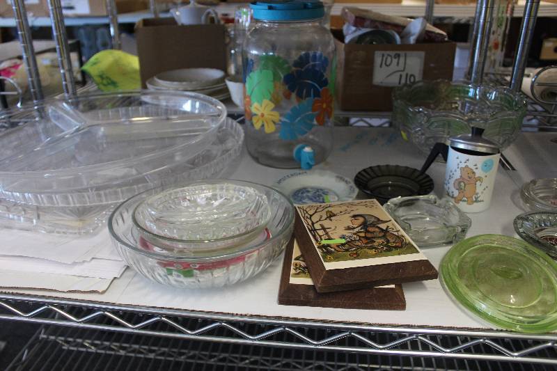 lot 508 image: Shelf Lot of Kitchenware Including Plates, Cups, Trays, And More