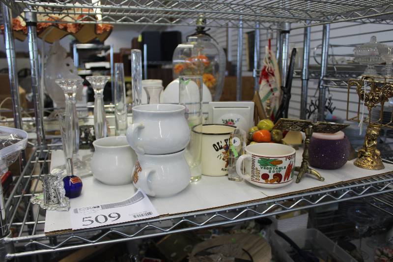 lot 509 image: Shelf Lot of Kitchenware Including Plates, Cups, Trays, And More