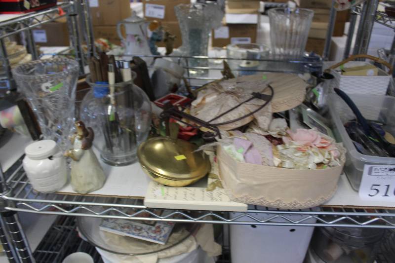 lot 510 image: Shelf Lot of Kitchenware Including Plates, Cups, Trays, And More