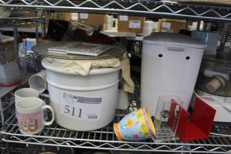 lot 511 image: Shelf Lot of Kitchenware Including Cuisinart, Blender, Mr. Coffee, Cups, And More
