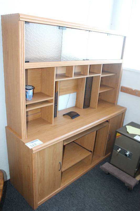 lot 312 image: Wood Computer Cabinet w Glass Upper Doors, Slide Out Keyboard&Printer