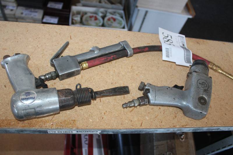 lot 585 image: Lot of (3) Air Tools Including 1) Chisel AND 1) Drill AND 1) Air Hose