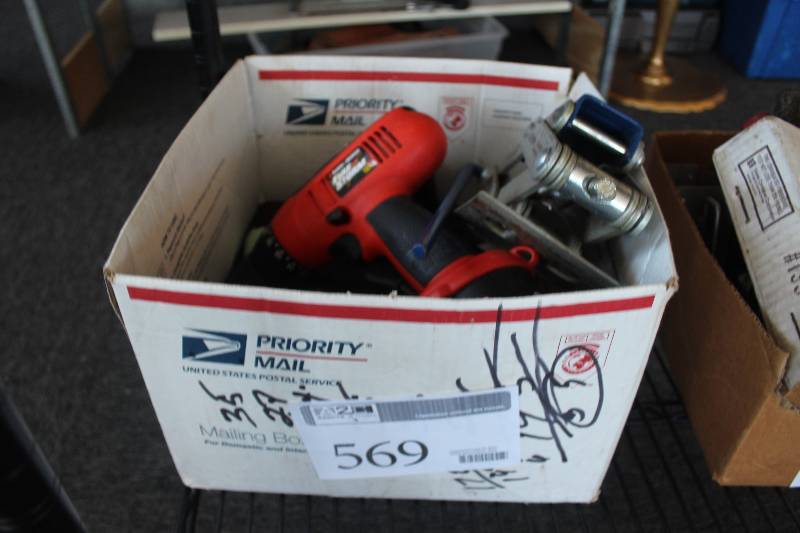lot 569 image: Box Lot of Tools Including Drill, Jack, DC Adapters
