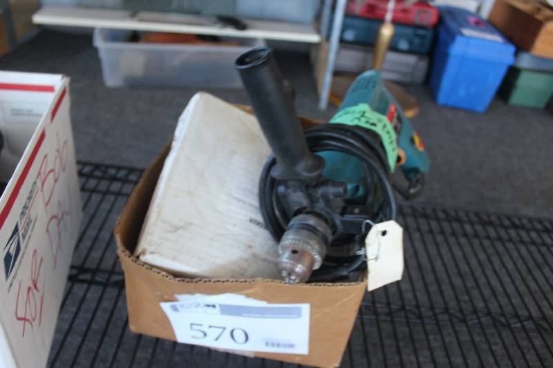lot 570 image: Box Lot of Tools Including Hammer Drill (needs trigger), And More