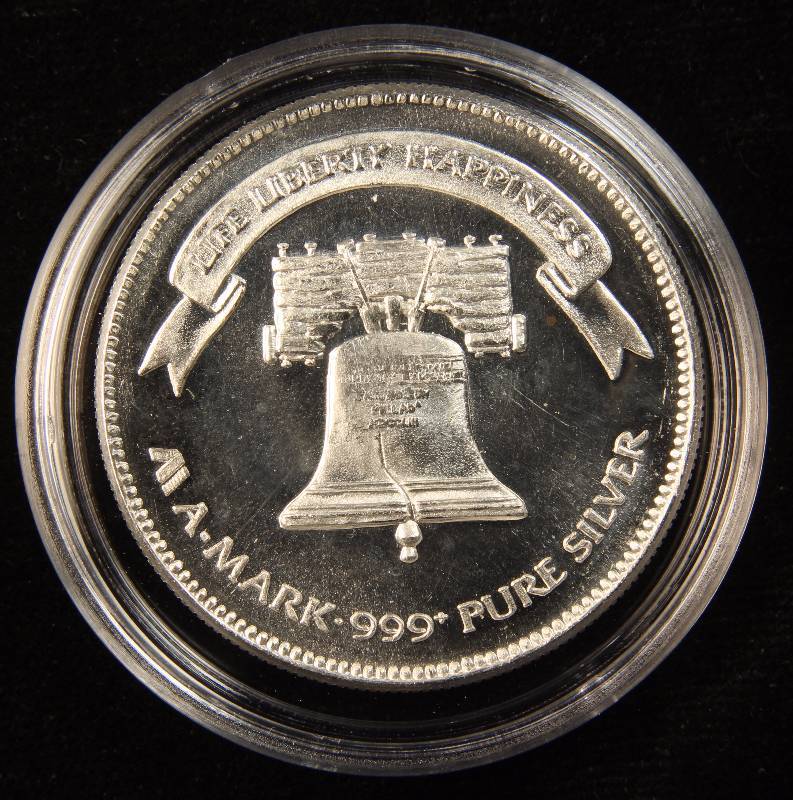 1 TROY OZ. .999 FINE SILVER 1982 A-MARK LIBERTY ROUND IN AIRTITE HOLDER