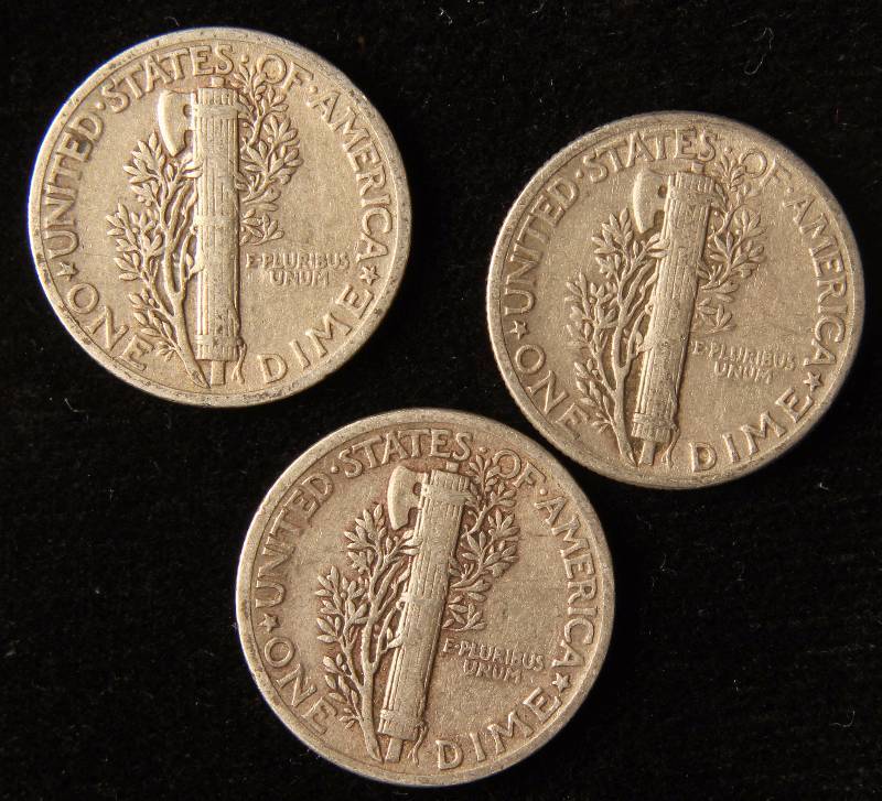 LOT OF 3 MERCURY SILVER DIMES 1936 1941 1945