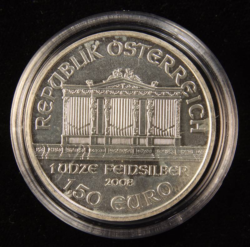2008 AUSTRIA PHILHARMONIC 1 TROY OZ. FINE SILVER COIN IN AIRTITE